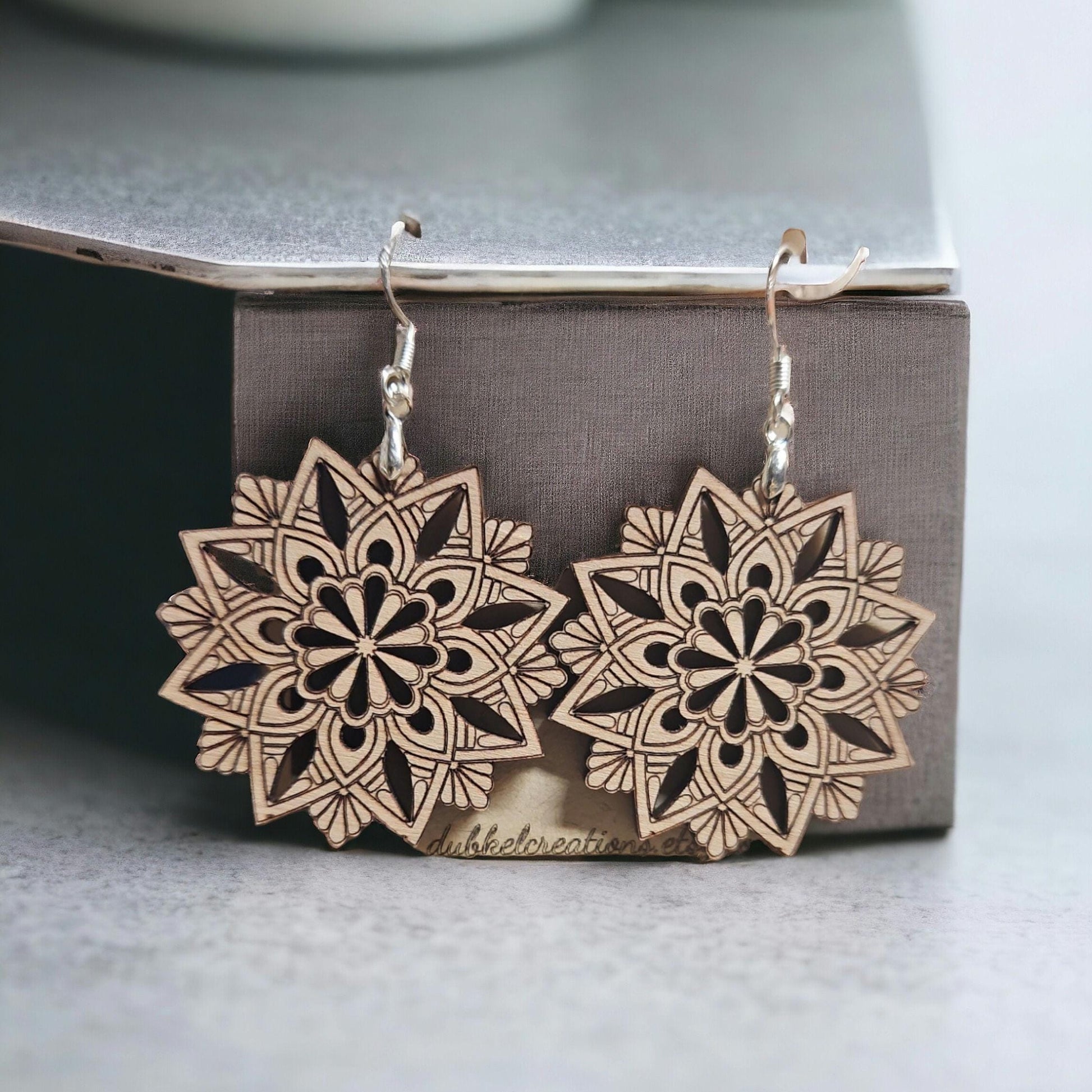 Elegant Wood Mandala Dangle Earrings - Handcrafted Laser Cut Design - Unique Jewelry Gift - Cut out patterns - DubKelCreations