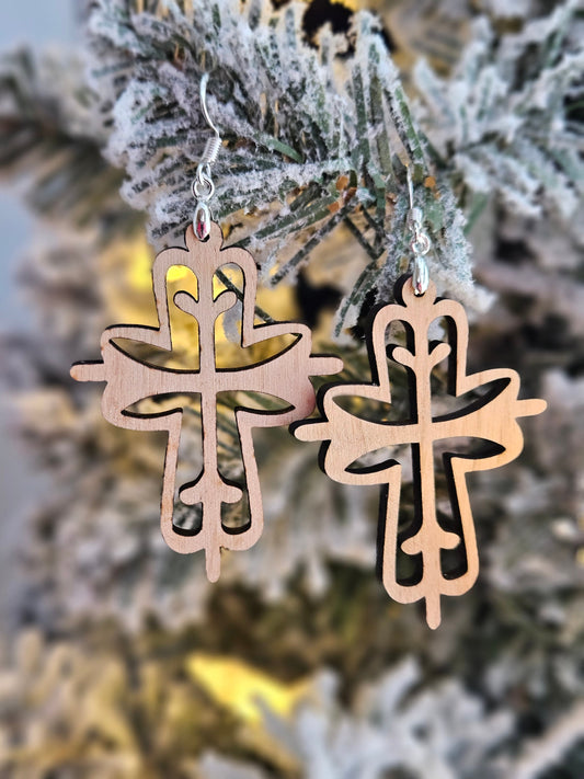 Handcrafted Wood Cross Dangle Earrings – Boho Fashion Jewelry, Lightweight & Eco-Friendly Gift - DubKelCreations
