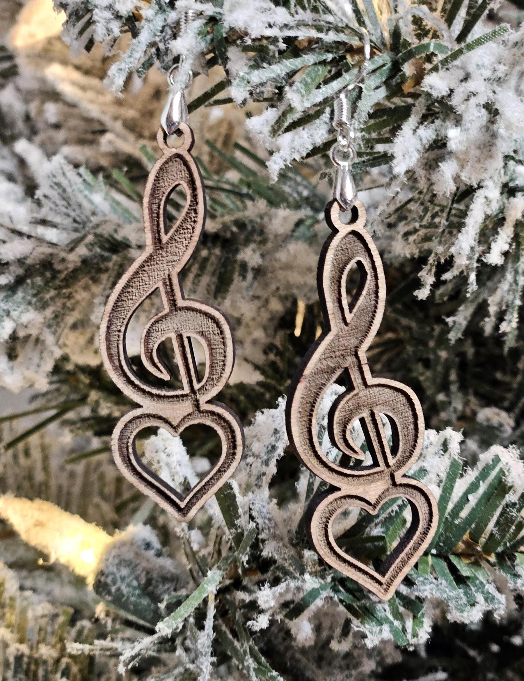 Handcrafted Cherrywood Music Note Dangle Earrings - Laser Engraved Boho Jewelry for Music Lovers