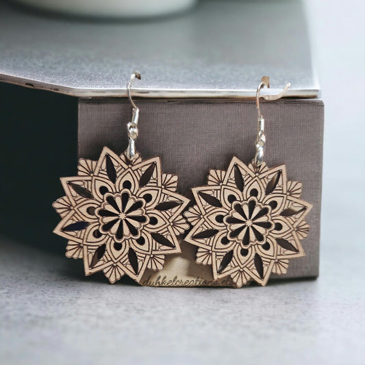 Elegant Wood Mandala Dangle Earrings - Handcrafted Laser Cut Design - Unique Jewelry Gift - Cut out patterns